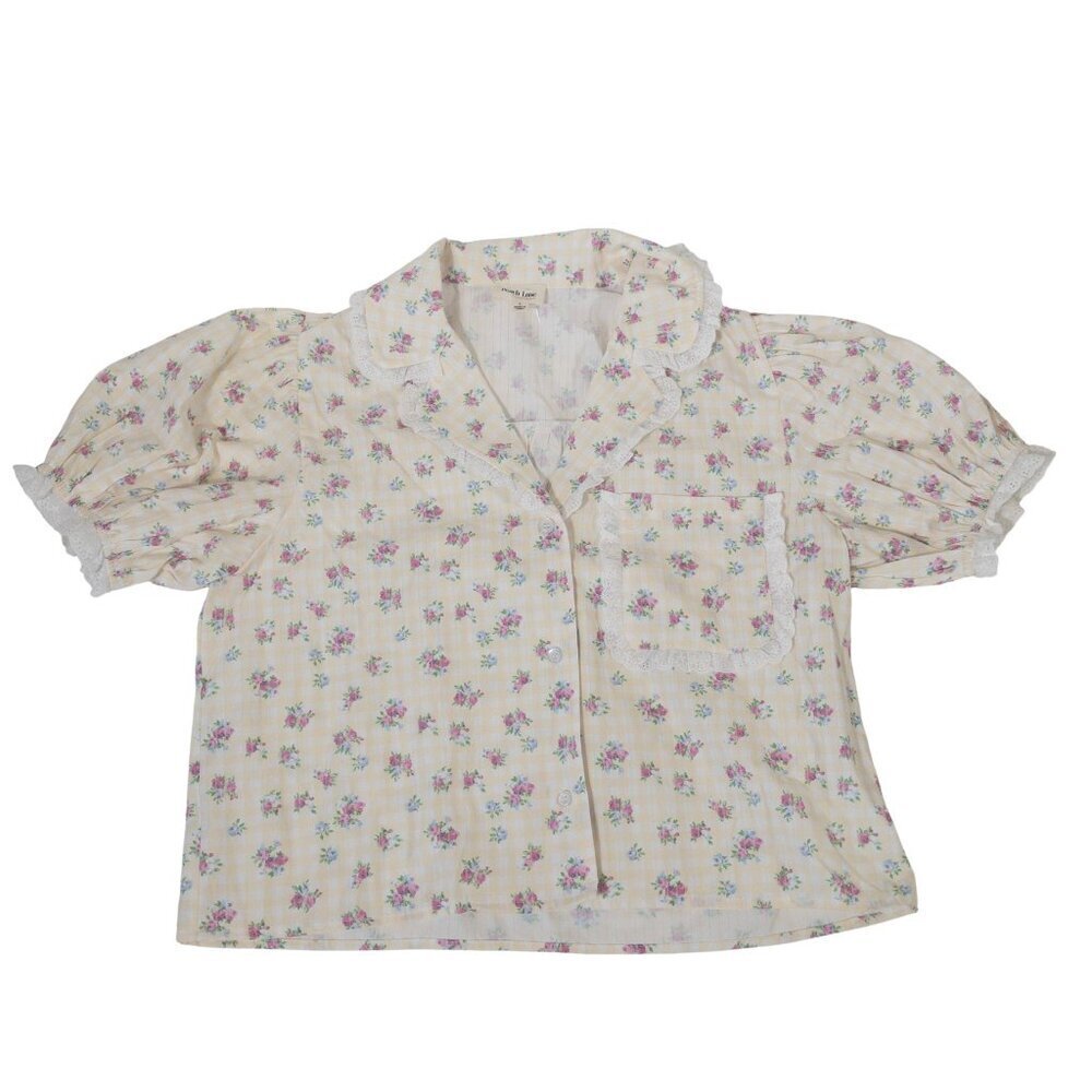 Cottage Core Peach Love Yellow and White Gingham Floral Top  SZ S Puff Sleeve
